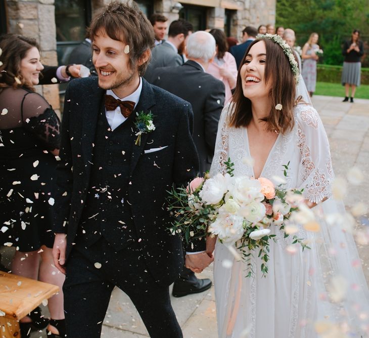 Windmill Barn Wedding With Bride In Bespoke Dress With Delicate Flower Crown & Images And Film From Tub Of Jelly Alternative Wedding Photography