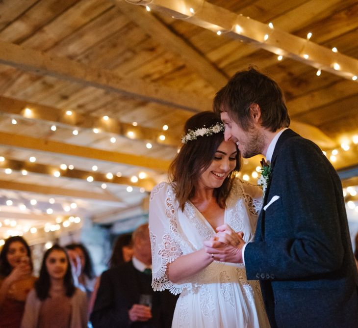 Windmill Barn Wedding With Bride In Bespoke Dress With Delicate Flower Crown & Images And Film From Tub Of Jelly Alternative Wedding Photography