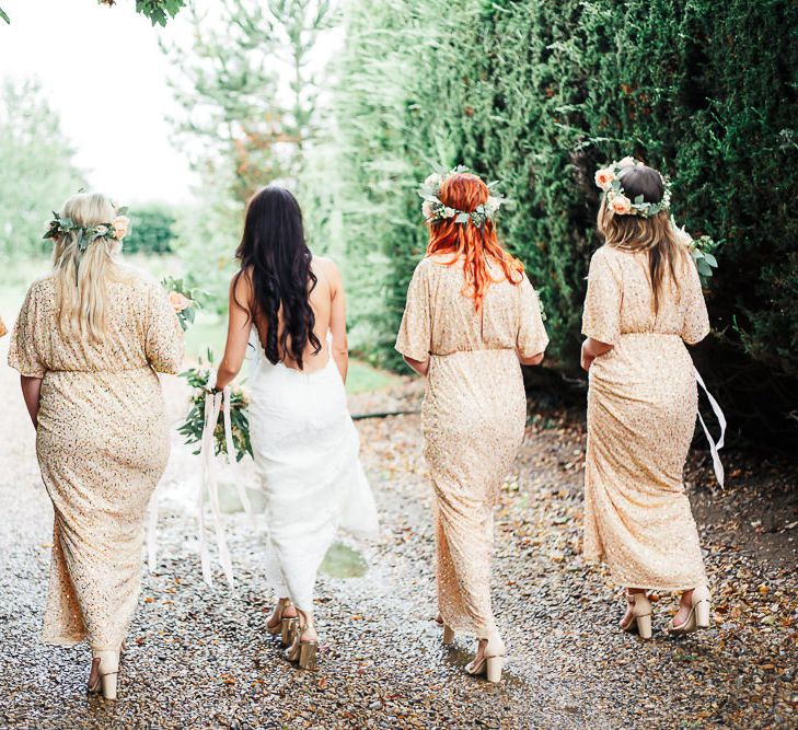 Bride in Backless Katie May Gown | Bridesmaids in Peach Sequin ASOS Dresses | Sung Blue Photography | ROOST Film Co.