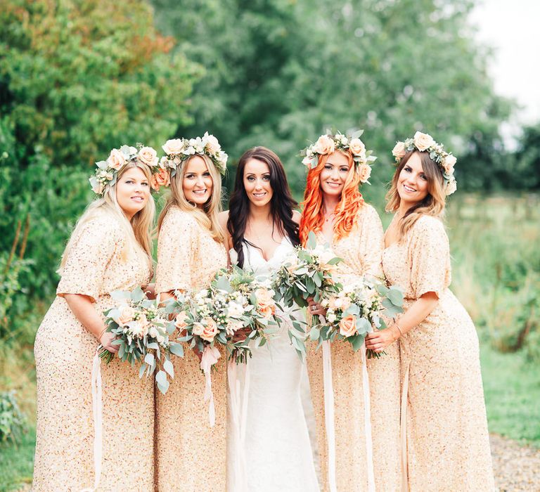 Bride in Backless Katie May Gown | Bridesmaids in Peach Sequin ASOS Dresses | Sung Blue Photography | ROOST Film Co.