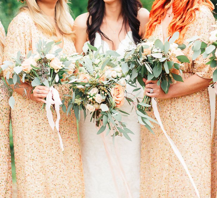 Bride in Backless Katie May Gown | Bridesmaids in Peach Sequin ASOS Dresses | Sung Blue Photography | ROOST Film Co.