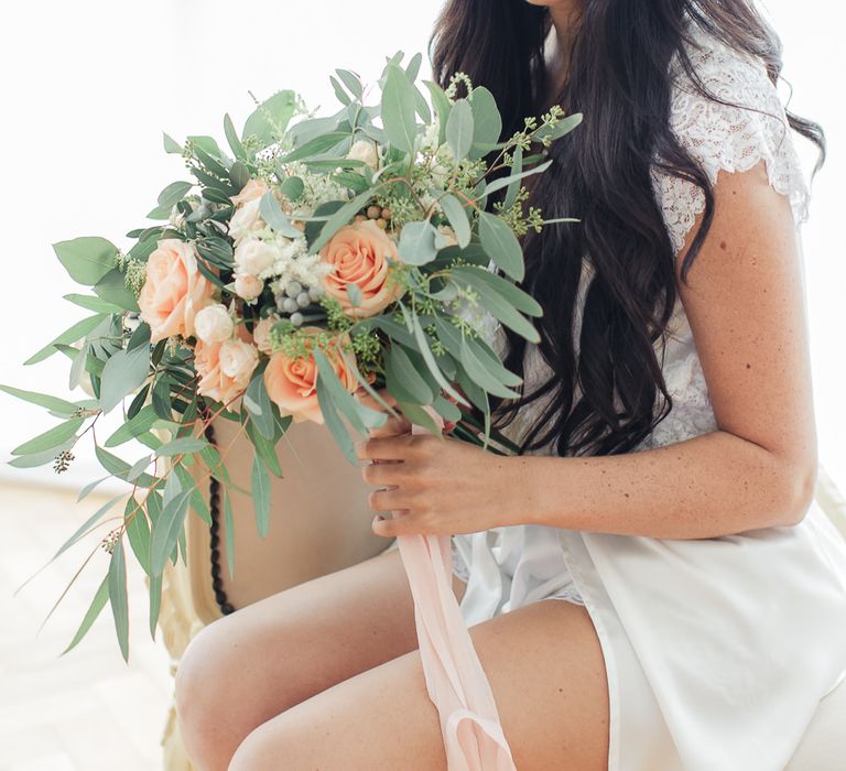 Bride in White Dress Gown | Peach & Eucalyptus Bridal Bouquet | Sung Blue Photography | ROOST Film Co.