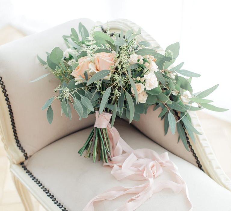 Peach & Eucalyptus Bridal Bouquet | Sung Blue Photography | ROOST Film Co.