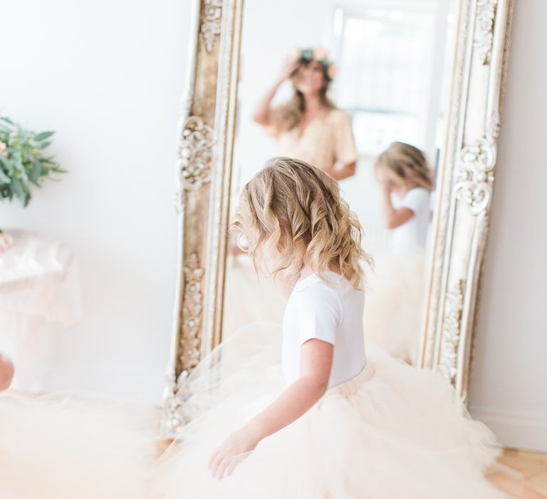 Flower Girls in Peach Tulle Skirts | Bridesmaid in Peach Sequin ASOS Dress | Sung Blue Photography | ROOST Film Co.