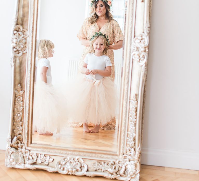 Flower Girls in Peach Tulle Skirts | Bridesmaid in Peach Sequin ASOS Dress | Sung Blue Photography | ROOST Film Co.