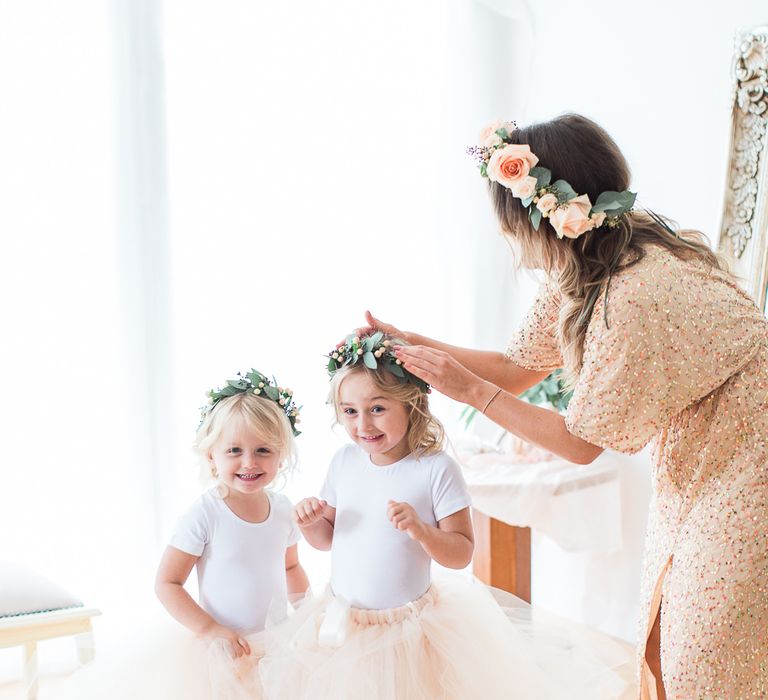 Flower Girls in Peach Tulle Skirts | Bridesmaid in Peach Sequin ASOS Dress | Sung Blue Photography | ROOST Film Co.