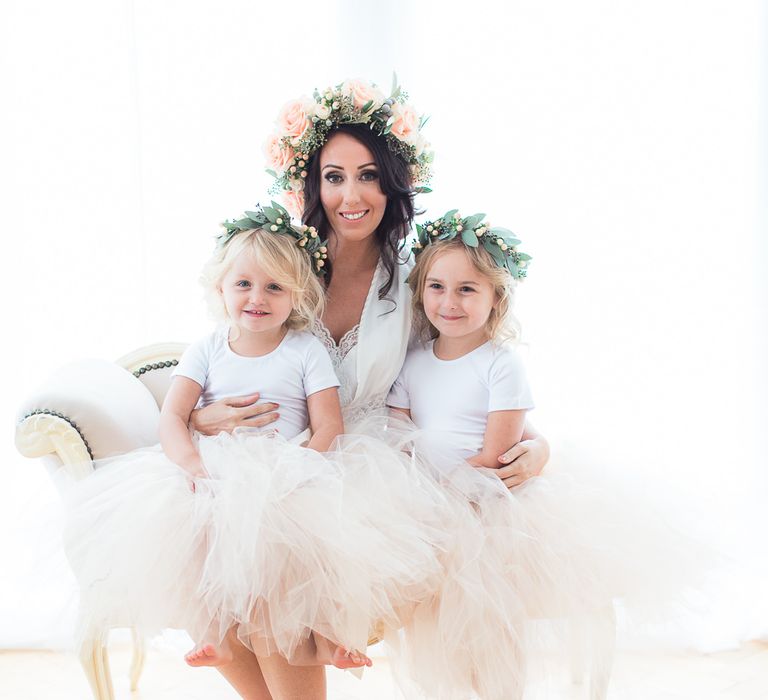 Bride in White Boohoo Dressing Gown | Flower Girls in Peach Tulle Skirts | Sung Blue Photography | ROOST Film Co.