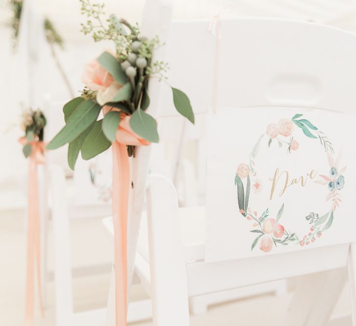 Chair Back Decor | Elegant Peach, Copper & Rose Gold At Home Marquee Reception | Sung Blue Photography | ROOST Film Co.