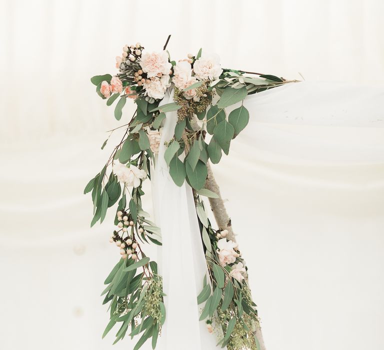 Peach & Eucalyptus Flowers | Elegant Peach, Copper & Rose Gold At Home Marquee Reception | Sung Blue Photography | ROOST Film Co.