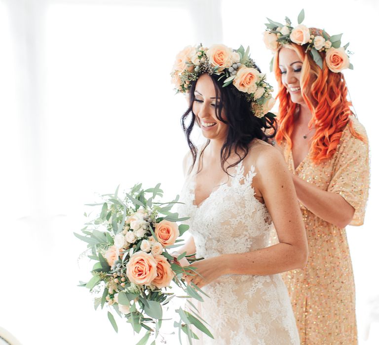 Bride in Lace & Tulle Pronovias Gown | Bridesmaids in Peach Sequin ASOS Dresses | Sung Blue Photography | ROOST Film Co.