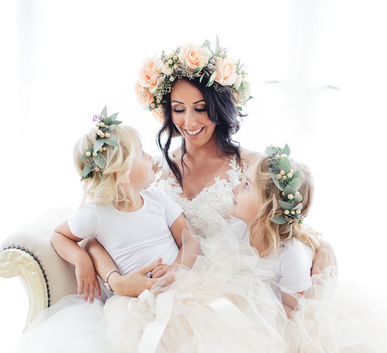 Bride in Lace & Tulle Pronovias Gown | Flower Girls in Peach Tulle Skirts | Sung Blue Photography | ROOST Film Co.