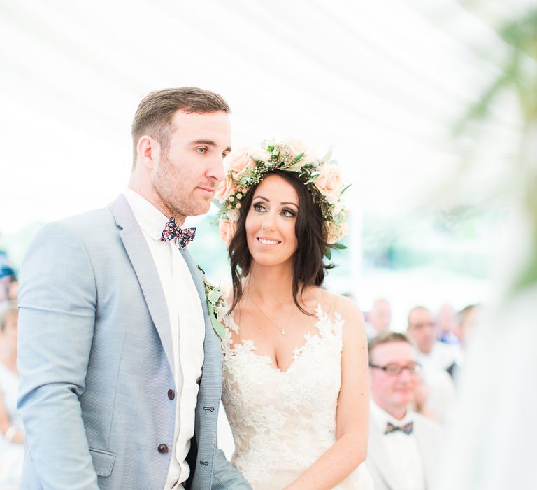 Bride in Lace & Tulle Pronovias Gown | Groom in Zara Blazer & Topman Trousers | Sung Blue Photography | ROOST Film Co.