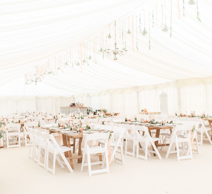 Elegant Peach, Copper & Rose Gold At Home Marquee Reception | Sung Blue Photography | ROOST Film Co.