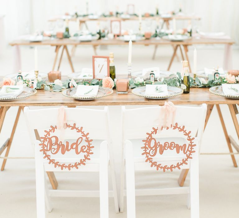 Copper Lasercut Bride & Groom Chair Back Signs | Elegant Peach, Copper & Rose Gold At Home Marquee Reception | Sung Blue Photography | ROOST Film Co.