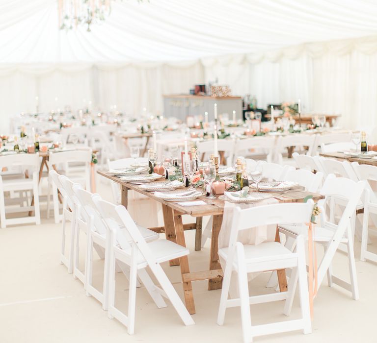 Elegant Peach, Copper & Rose Gold At Home Marquee Reception | Sung Blue Photography | ROOST Film Co.