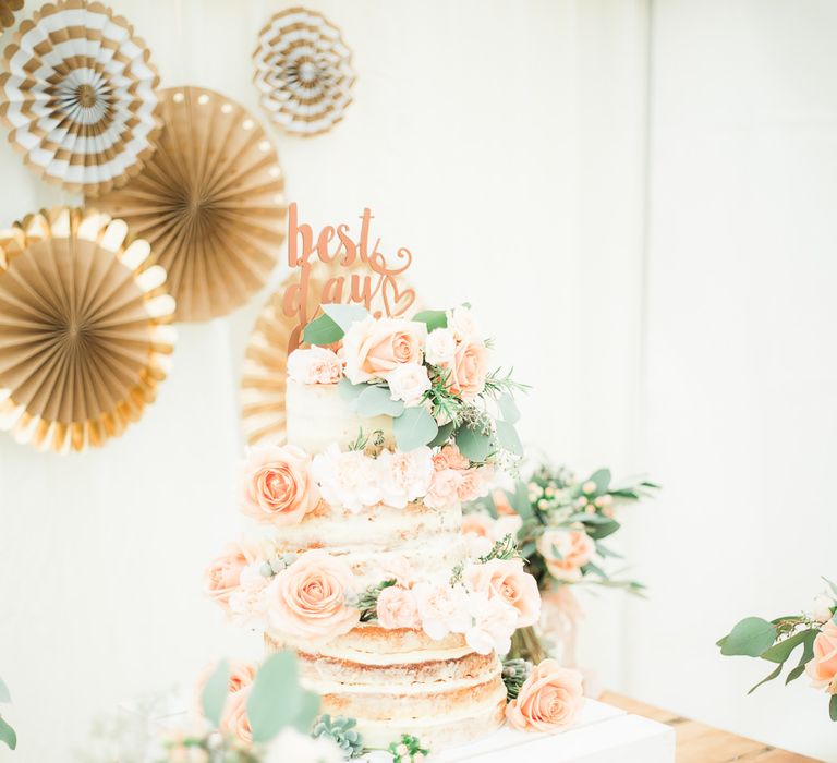 Semi Naked Wedding Cake on Rustic Crate | Elegant Peach, Copper & Rose Gold At Home Marquee Reception | Sung Blue Photography | ROOST Film Co.