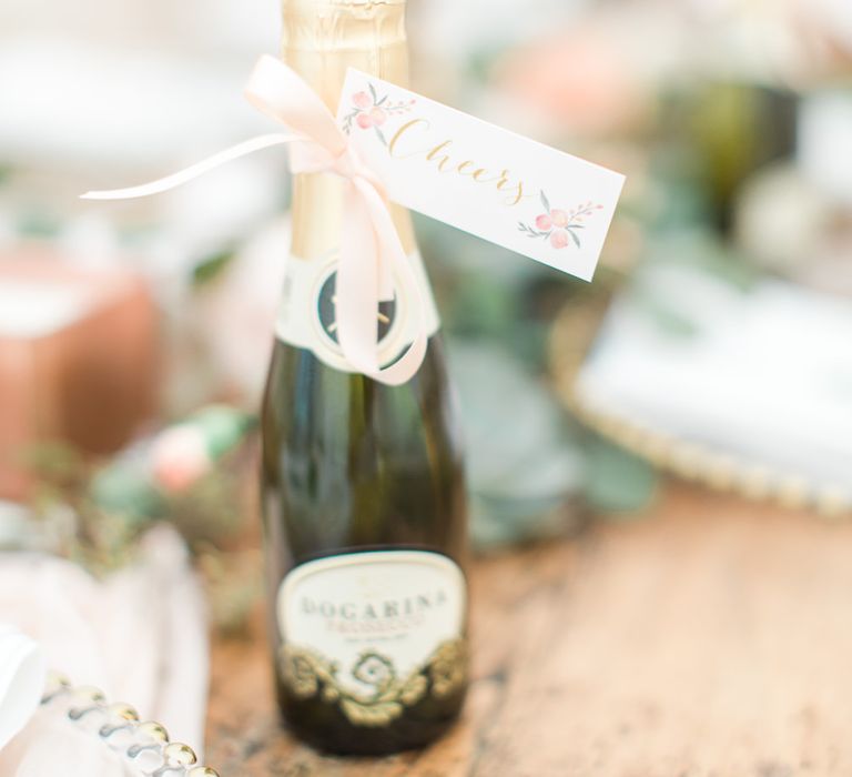 Miniature Prosecco Wedding Favours | Elegant Peach, Copper & Rose Gold At Home Marquee Reception | Sung Blue Photography | ROOST Film Co.