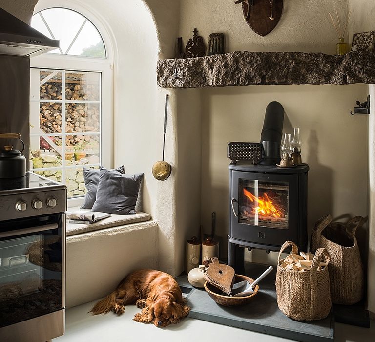 Log Burner in Kitchen | The Stack Cornwall | Intimate Exclusive Hire Wedding Venue