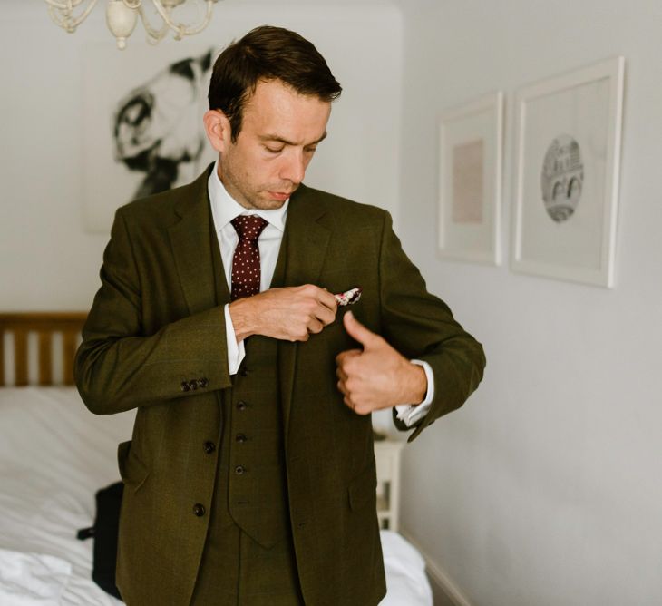 Groom in Tweed Hugo Morris Suit | Outdoor Ceremony & Rustic Barn Reception at Pennard House Somerset | John Barwood Photography