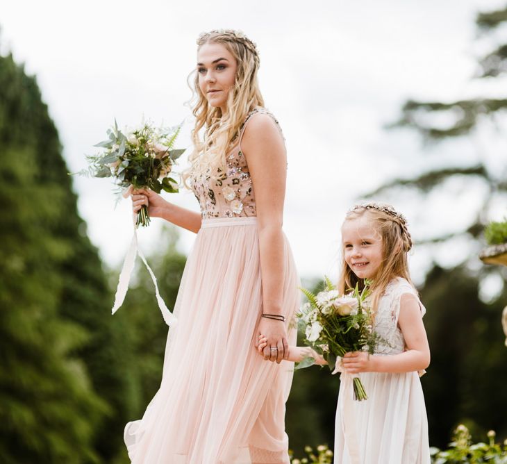 Bridesmaid in Blue needle & Thread Dress & Flower Girl in Monsoon | Outdoor Ceremony & Rustic Barn Reception at Pennard House Somerset | John Barwood Photography