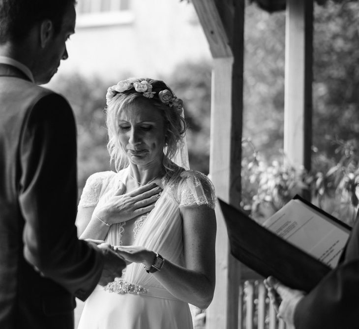 Wedding Ceremony | Bride in Jenny Packham Gown | Groom in Hugo Morris Tweed Suit | Outdoor Ceremony & Rustic Barn Reception at Pennard House Somerset | John Barwood Photography