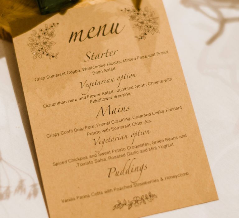 Craft Paper Menu Card | Outdoor Ceremony & Rustic Barn Reception at Pennard House Somerset | John Barwood Photography