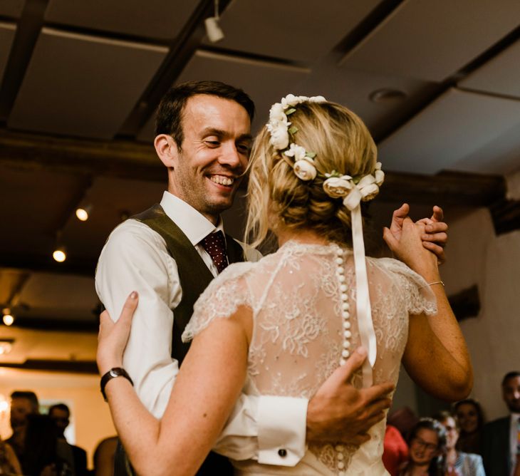 First Dance | Bride in Jenny Packham Gown | Groom in Hugo Morris Tweed Suit | Outdoor Ceremony & Rustic Barn Reception at Pennard House Somerset | John Barwood Photography