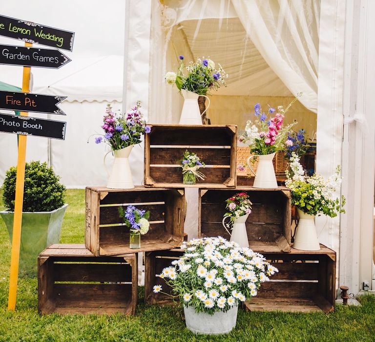 Wooden Crate Wedding Flowers with Wedding Sign | DIY At Home Marquee Wedding | J S Coates Wedding Photography