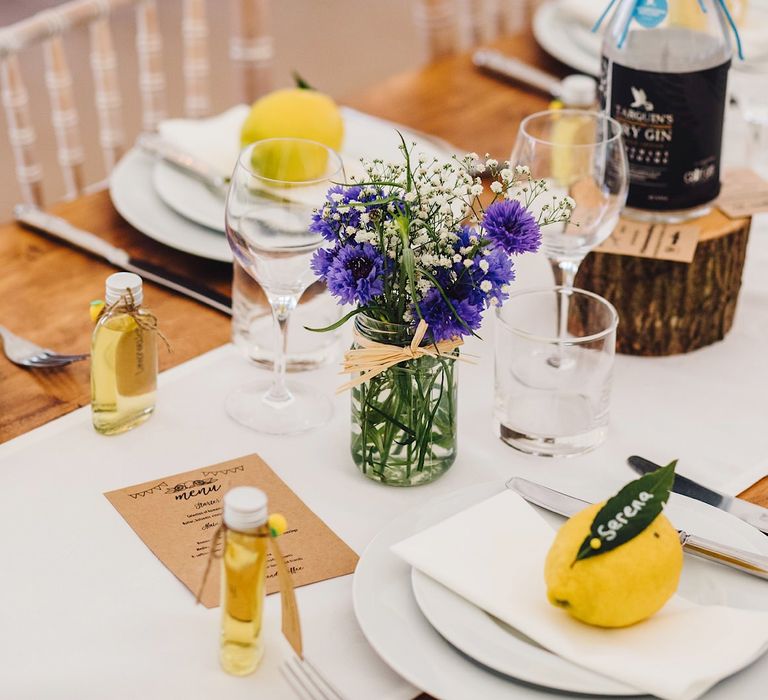 Place Setting with Lemons | DIY At Home Marquee Wedding | J S Coates Wedding Photography