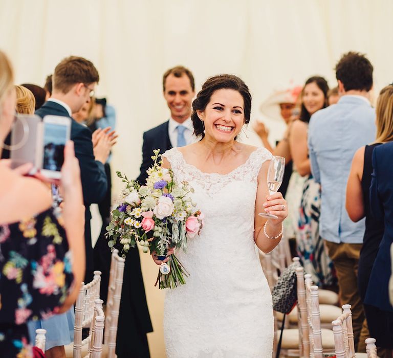 Bride in Lace MoriLee Gown | DIY At Home Marquee Wedding | J S Coates Wedding Photography