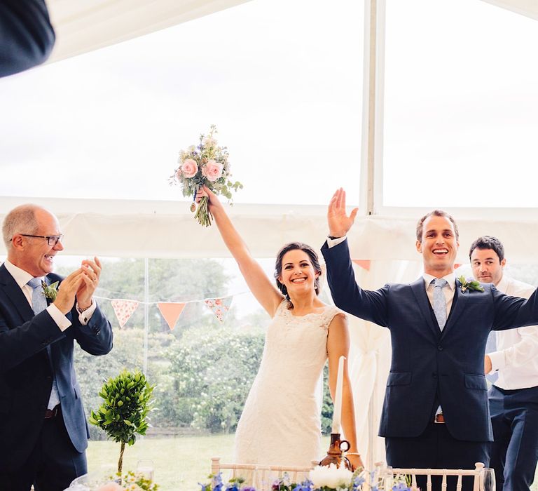 Bride in Morilee Gown | Groom in Hugo Boss Suit | DIY At Home Marquee Wedding | J S Coates Wedding Photography