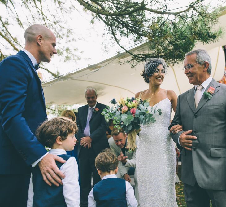 Garden Wedding With Stretch Tent With Bride In Karen Willis Holmes Sequinned Gown & Images and Film From Wagtail Productions