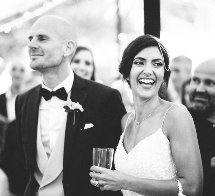 Garden Wedding With Stretch Tent With Bride In Karen Willis Holmes Sequinned Gown & Images and Film From Wagtail Productions