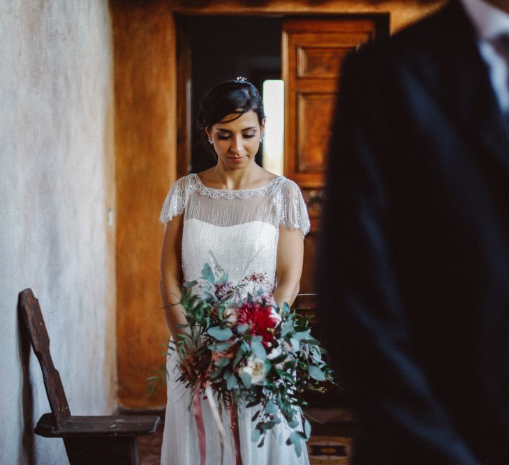 Bride in Jenny Packham Dolly Bridal Gown | Tropical Green & Fuchsia Pink Outdoor Wedding at Castellina de Miremont, Italy Planned & Styled by Come le Ciliegie Wedding & Events | Images by Effeanfotografie | Film by Headshot Weddings