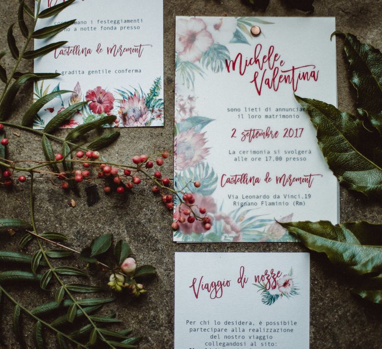 Wedding Stationery Suite | Tropical Green & Fuchsia Pink Outdoor Wedding at Castellina de Miremont, Italy Planned & Styled by Come le Ciliegie Wedding & Events | Images by Effeanfotografie | Film by Headshot Weddings