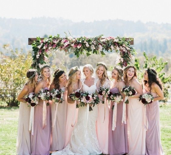 Pink wedding dress and bridesmaids hotsell