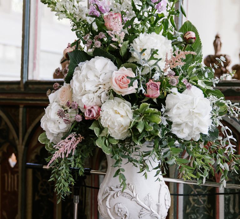 Urn Floral Arrangements For Church With White Hydrangea, Astilbe, Stocks And Pink Roses