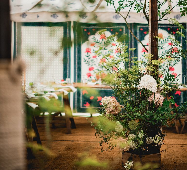 Floral Lined Marquee For Wedding // Embellished Jenny Packham Gown Marquee Wedding At Coombeshead Farm Cornwall The Garden Gate Flower Co Planning Jenny Wren Events Images Barney Walters Photography