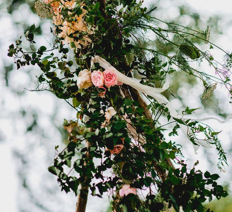 Seasonal Wedding Flowers By The Garden Gate Flower Company // Floral Lined Marquee For Wedding // Embellished Jenny Packham Gown Marquee Wedding At Coombeshead Farm Cornwall The Garden Gate Flower Co Planning Jenny Wren Events Images Barney Walters Photography