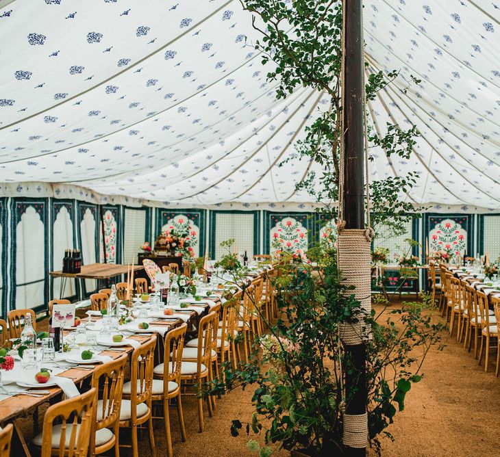 Floral Lined Marquee For Wedding // Embellished Jenny Packham Gown Marquee Wedding At Coombeshead Farm Cornwall The Garden Gate Flower Co Planning Jenny Wren Events Images Barney Walters Photography