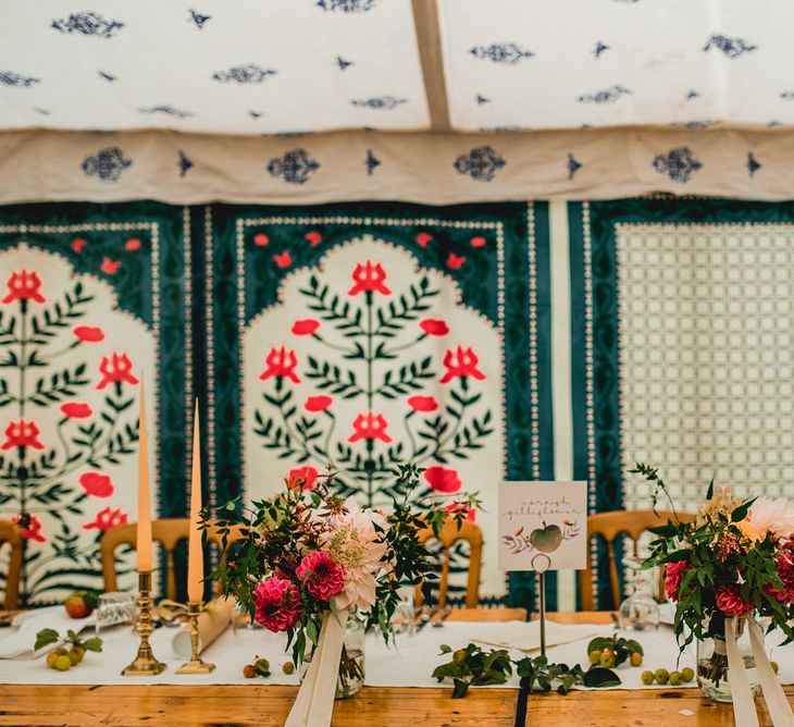 Floral Lined Marquee For Wedding // Embellished Jenny Packham Gown Marquee Wedding At Coombeshead Farm Cornwall The Garden Gate Flower Co Planning Jenny Wren Events Images Barney Walters Photography