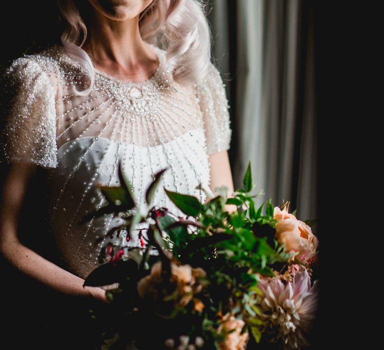 Embellished Jenny Packham Gown Marquee Wedding At Coombeshead Farm Cornwall The Garden Gate Flower Co Planning Jenny Wren Events Images Barney Walters Photography