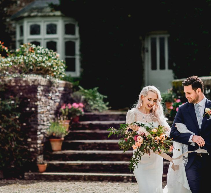 Embellished Jenny Packham Gown Marquee Wedding At Coombeshead Farm Cornwall The Garden Gate Flower Co Planning Jenny Wren Events Images Barney Walters Photography