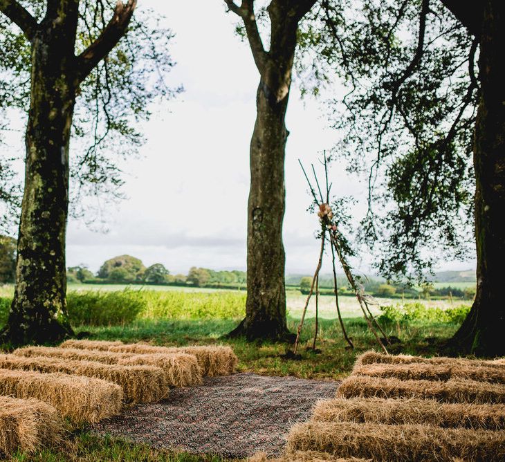 Tree Copse Wedding Ceremony // Farm Wedding Venue Cornwall // Embellished Jenny Packham Gown Marquee Wedding At Coombeshead Farm Cornwall The Garden Gate Flower Co Planning Jenny Wren Events Images Barney Walters Photography