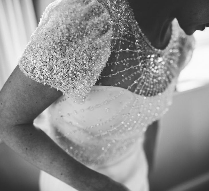 Embellished Jenny Packham Gown Marquee Wedding At Coombeshead Farm Cornwall The Garden Gate Flower Co Planning Jenny Wren Events Images Barney Walters Photography