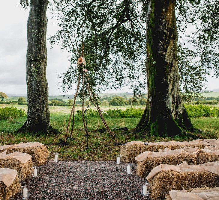 Tree Copse Wedding Ceremony // Farm Wedding Venue Cornwall // Embellished Jenny Packham Gown Marquee Wedding At Coombeshead Farm Cornwall The Garden Gate Flower Co Planning Jenny Wren Events Images Barney Walters Photography