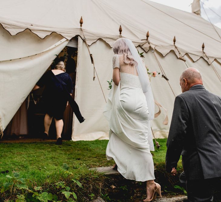 Embellished Jenny Packham Gown Marquee Wedding At Coombeshead Farm Cornwall The Garden Gate Flower Co Planning Jenny Wren Events Images Barney Walters Photography