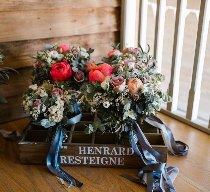 Peony, Rose & Foliage Wedding Bouquets with Ribbon | DIY Wedding at Upwaltham Barns with Bright Flowers | Danielle Victoria Photography