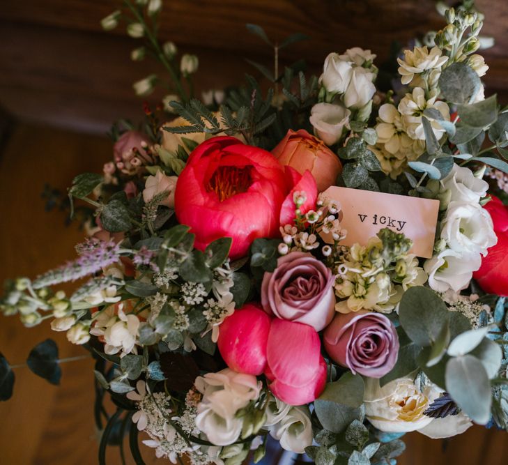 Peony, Rose & Foliage Wedding Bouquets with Ribbon | DIY Wedding at Upwaltham Barns with Bright Flowers | Danielle Victoria Photography