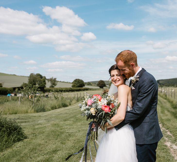 Bride in Sarah Seven Gown | Groom in Ted Baker & Next | DIY Wedding at Upwaltham Barns with Bright Flowers | Danielle Victoria Photography